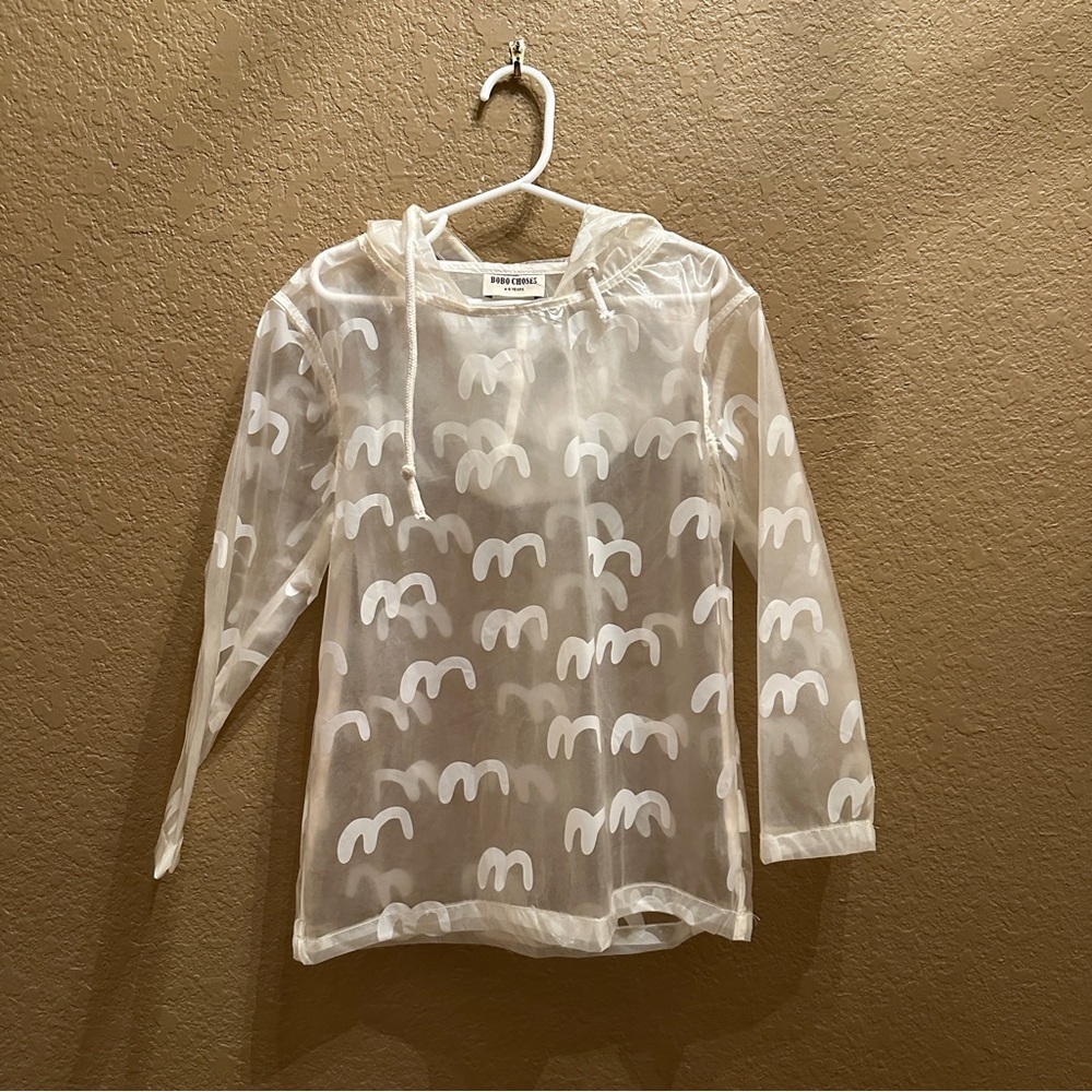 Bobo Choses Sheer White Hooded Raincoat with Graphic Print